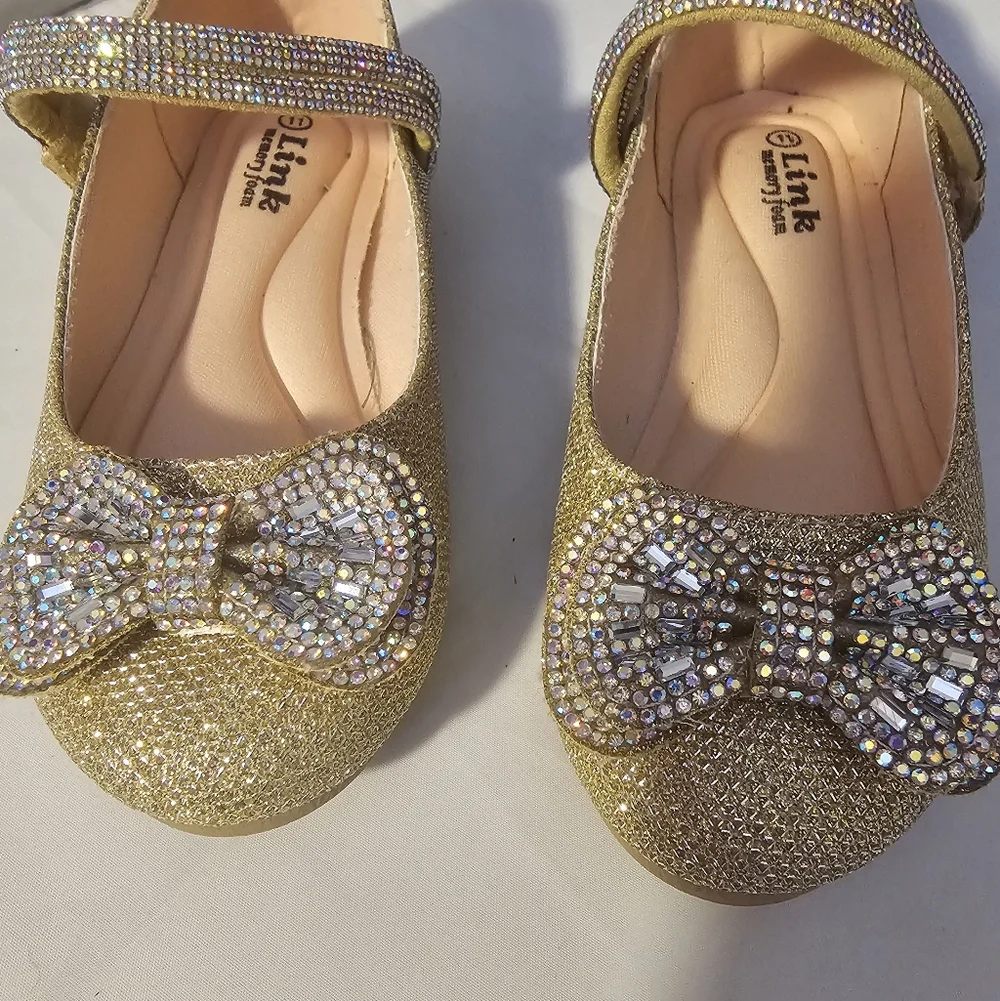 Link NEW Gold with Crystals Glitter Kids Shoes with Bow SZ 11 Toddler